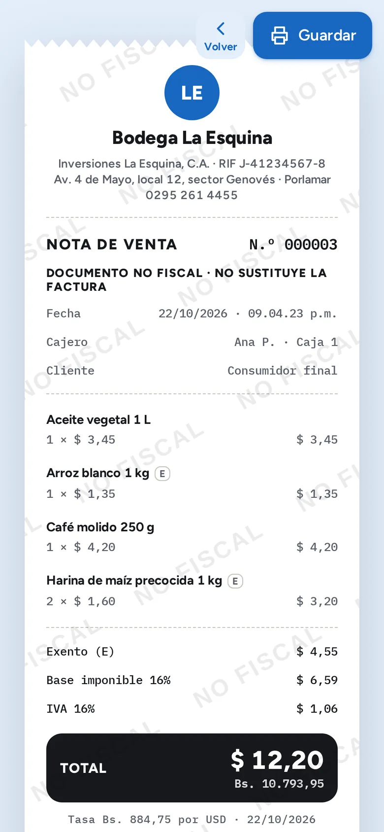 Nota de venta de Bodega La Esquina lista para enviar por WhatsApp