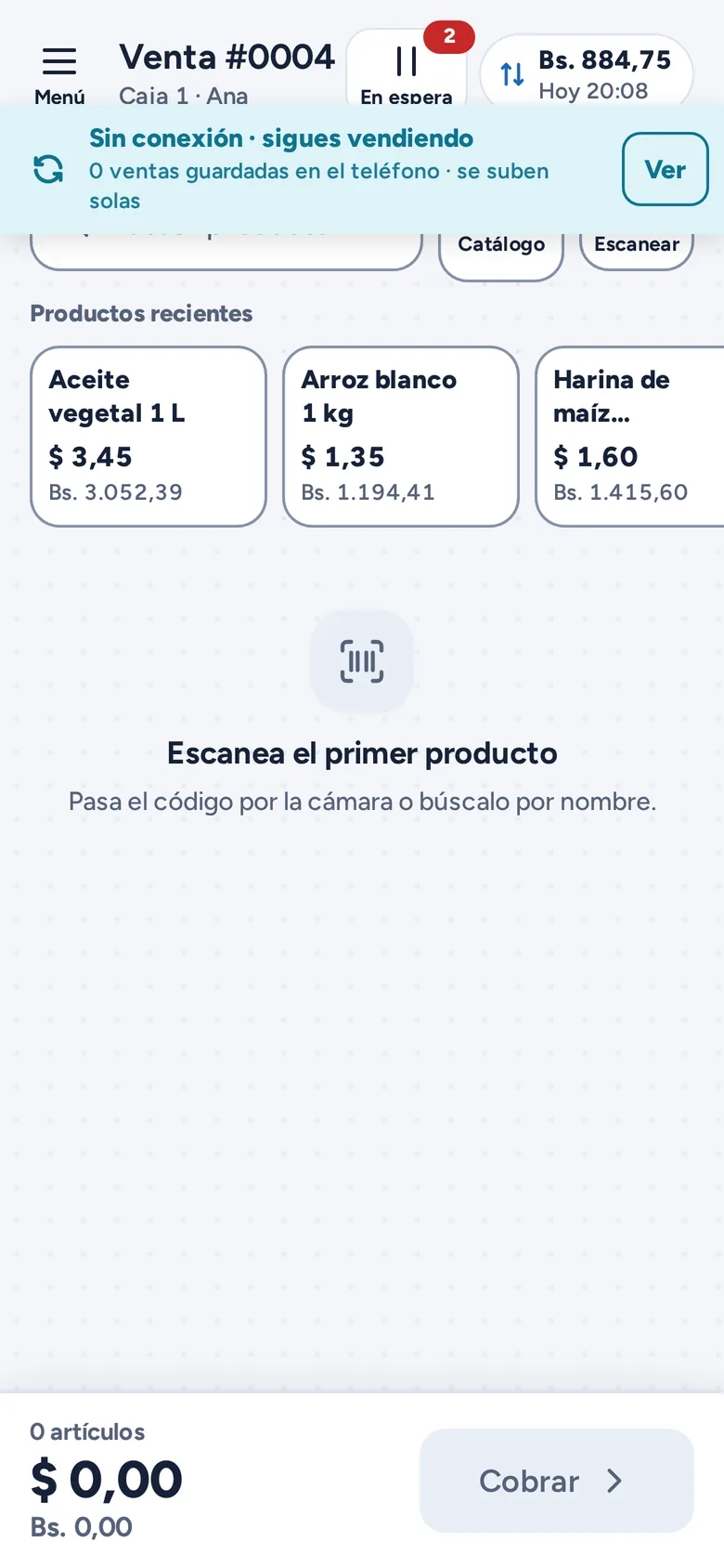 Aviso «Sin conexión · sigues vendiendo» en la pantalla Vender